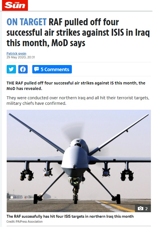 ذا صن: سلاح الجو الملكي البريطاني شن 4 غارات على داعش في العراق خلال شهر مايو