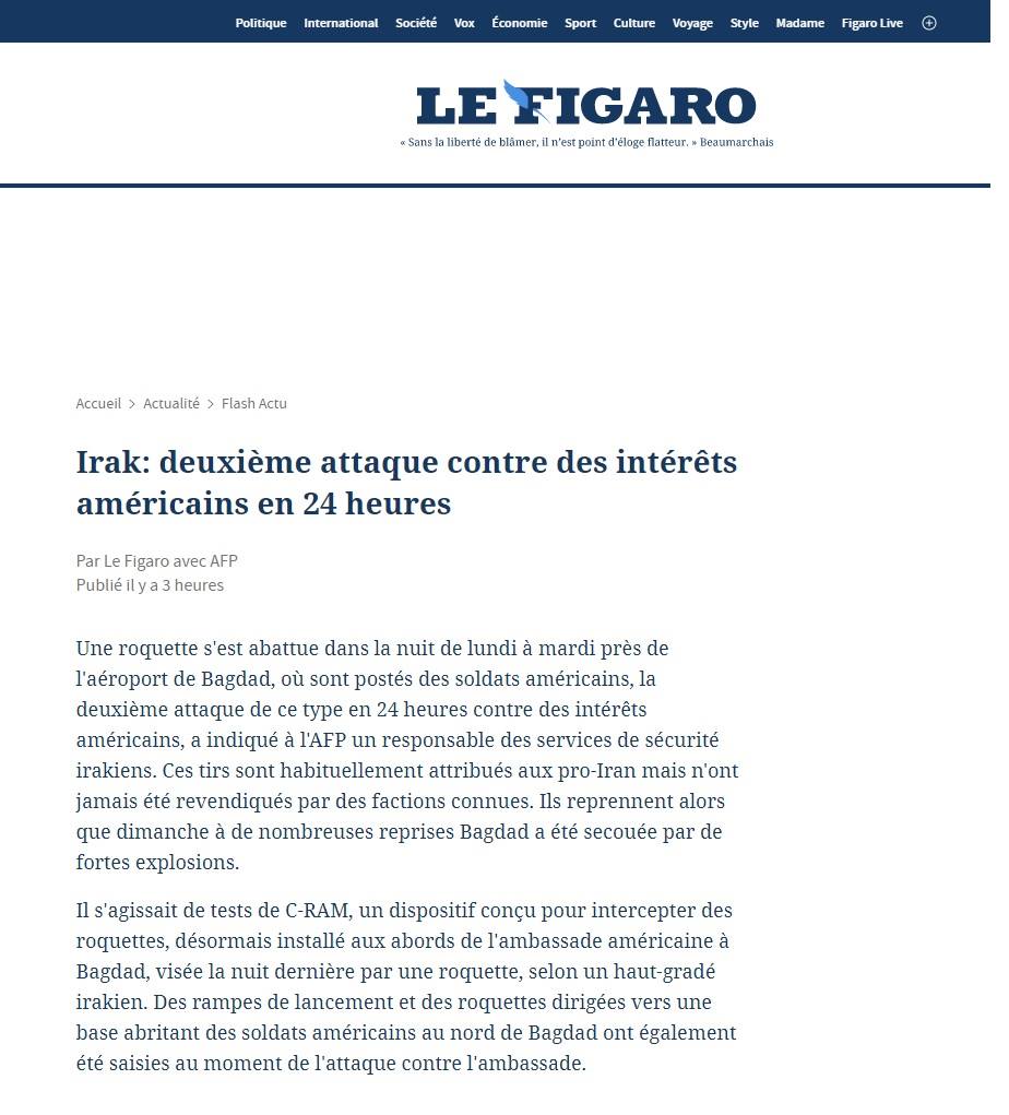 لوفيجارو: استمرار الضربات الصاروخية ضد منشآت التحالف تحدي ضد حكومة الكاظمي