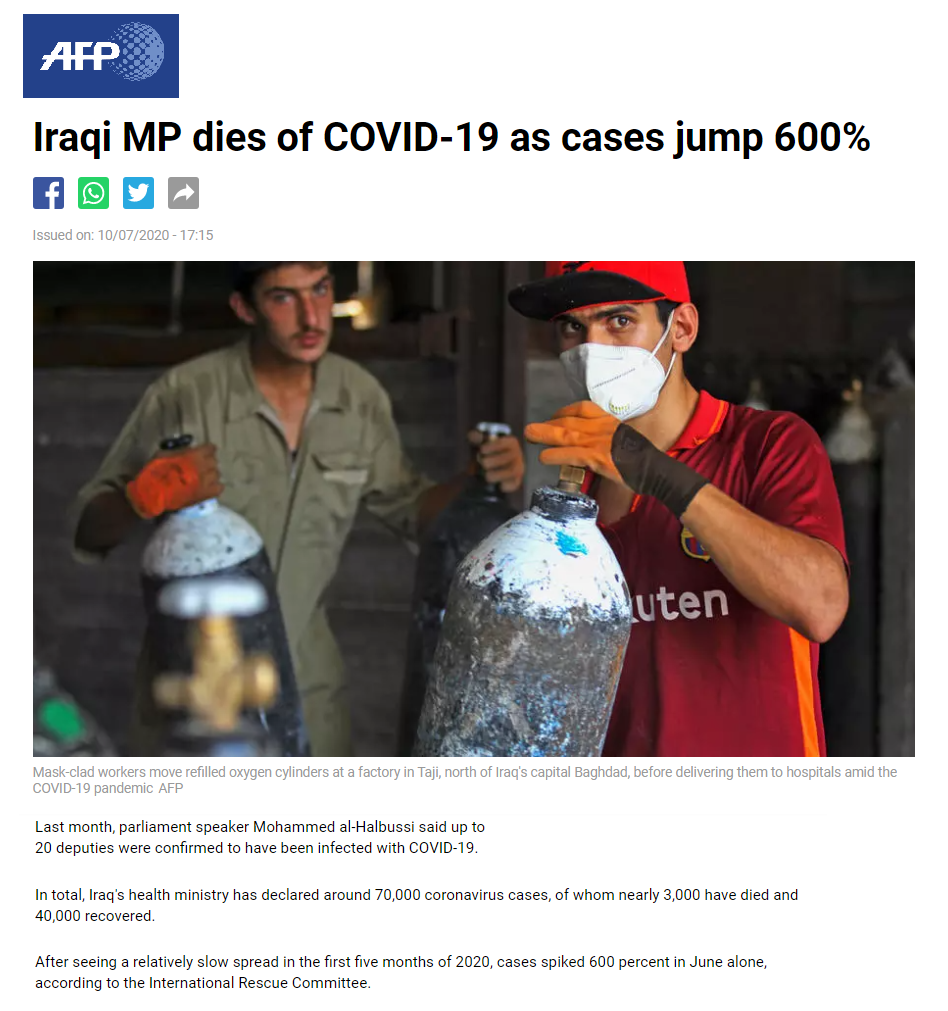 أ ف ب: معدلات انتشار فيروس كورونا في العراق مقلقة للغاية