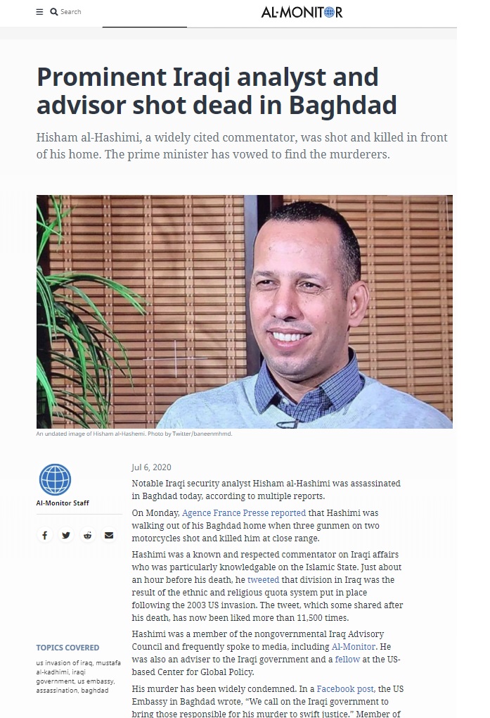 المونتيور: تقديم قتلة الهاشمي للعدالة اختبار صعب امام حكومة الكاظمي