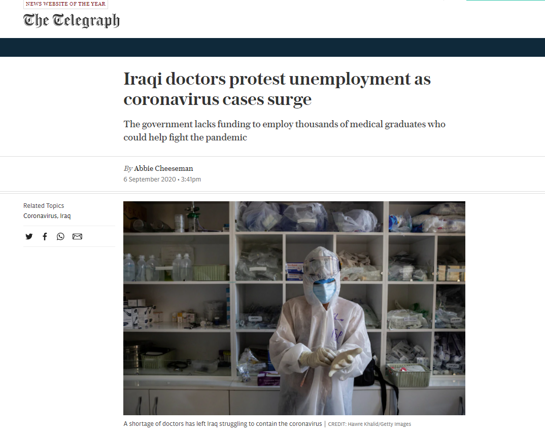 التلغراف البريطانية: أطباء العراق يعانون البطالة رغم أزمة كورونا