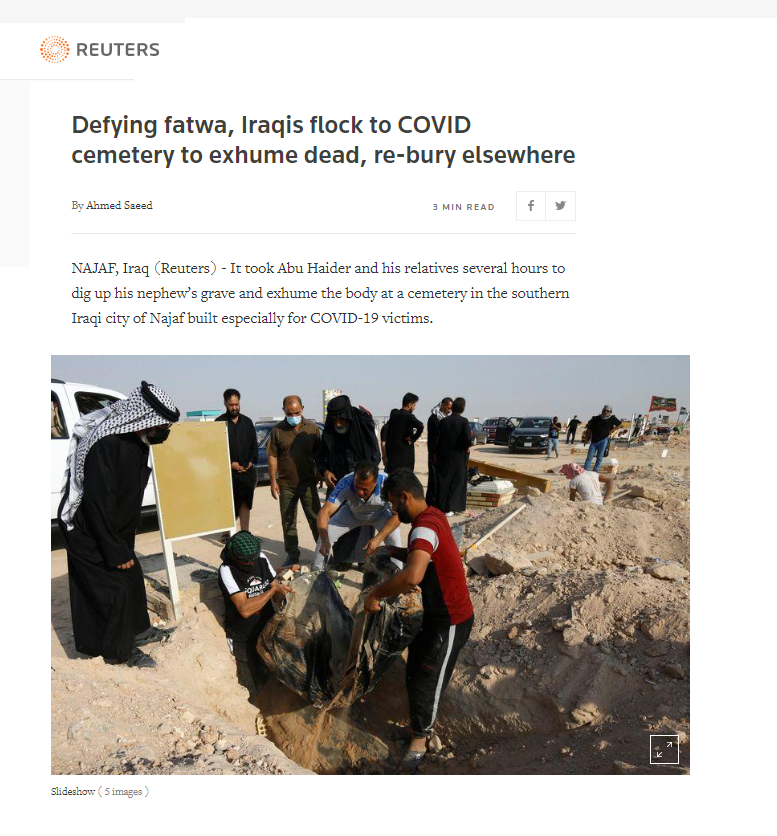 رويترز: غضب وحزن لضياع جثامين ضحايا فيروس كورونا في العراق