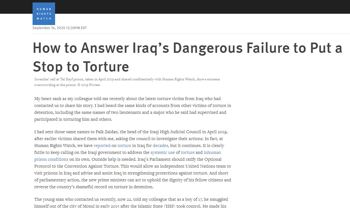هيومان رايتس ووتش: “قصص تعذيب مؤلمة” في السجون العراقية.. كيف يمكن إنهاء ذلك؟