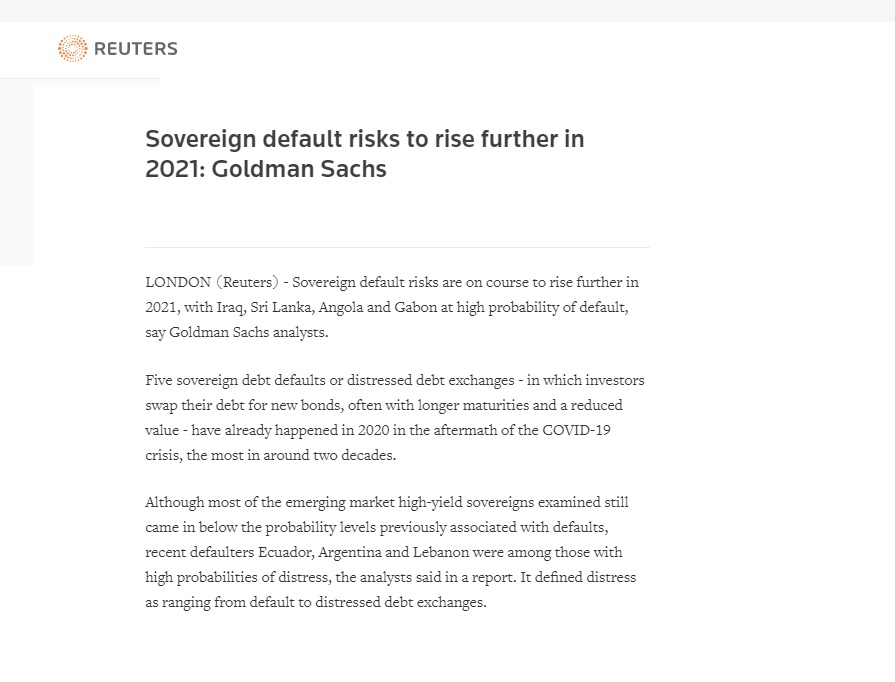 رويترز: العراق ضمن الدول المتوقع عجزها عن سداد ديونها السيادية في 2021
