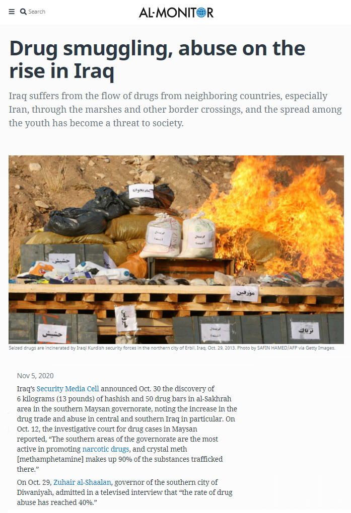 المونيتور: ظاهرة المخدرات في العراق تتفاقم والحدود مفتوحة أمام المهربين