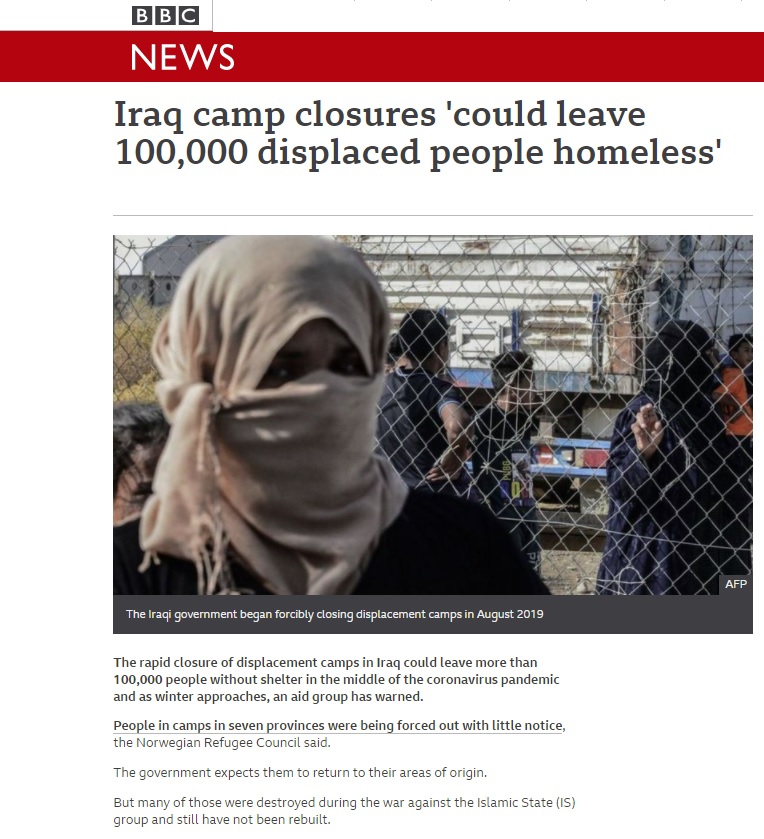 بي بي سي: إغلاق مخيمات اللاجئين في العراق “قد يجعل 100 ألف نازح بلا مأوى”