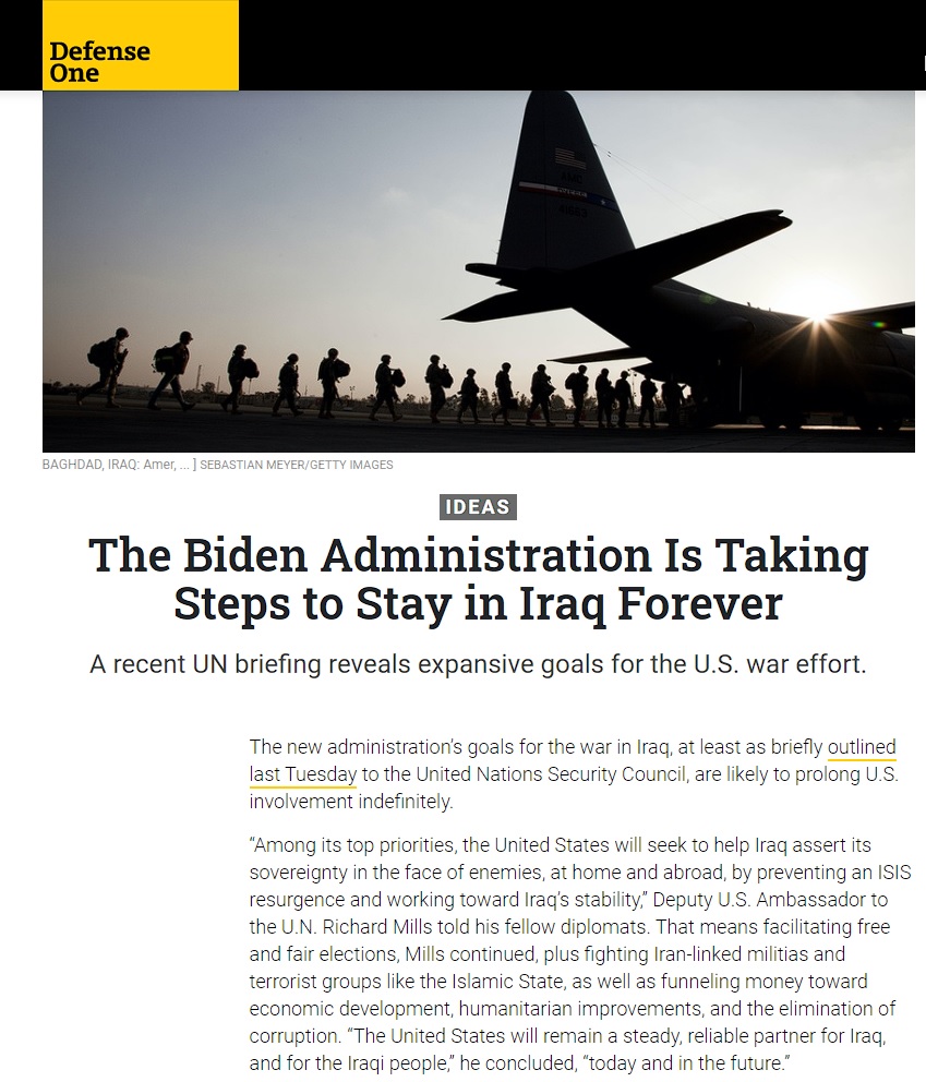 ديفينس وان: إدارة بايدن تتخذ خطوات للبقاء في العراق “لأجل غير مسمى”