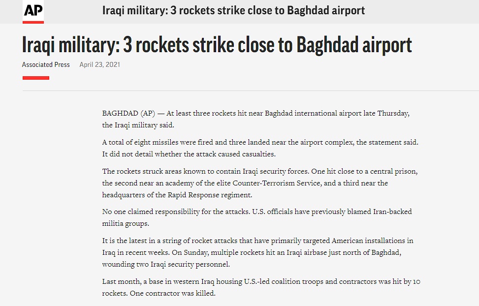 أسوشيتدبرس: الهجوم الصاروخي على مطار بغداد يعزز مخاوف الاستثمار في العراق ويؤكد تنامي نفوذ الميليشيات