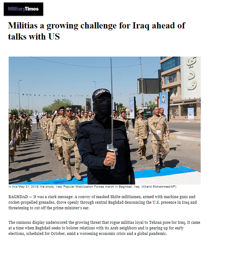 ميليتري تايمز: إدارة بايدن تعتبر الميليشيات في العراق أكبر تحدي قبل حوار 7 نيسان