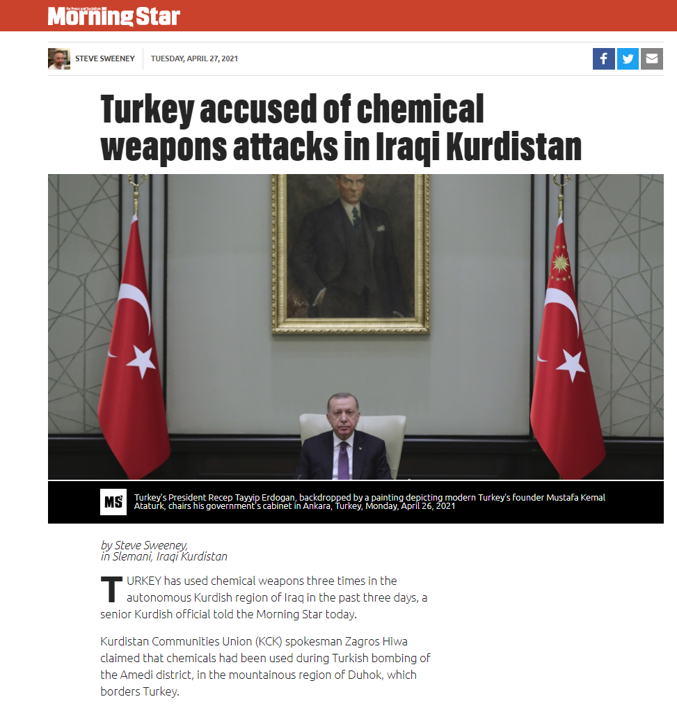 مورنينج ستار: تركيا استخدمت أسلحة كيميائية ثلاث مرات في شمال إقليم كردستان