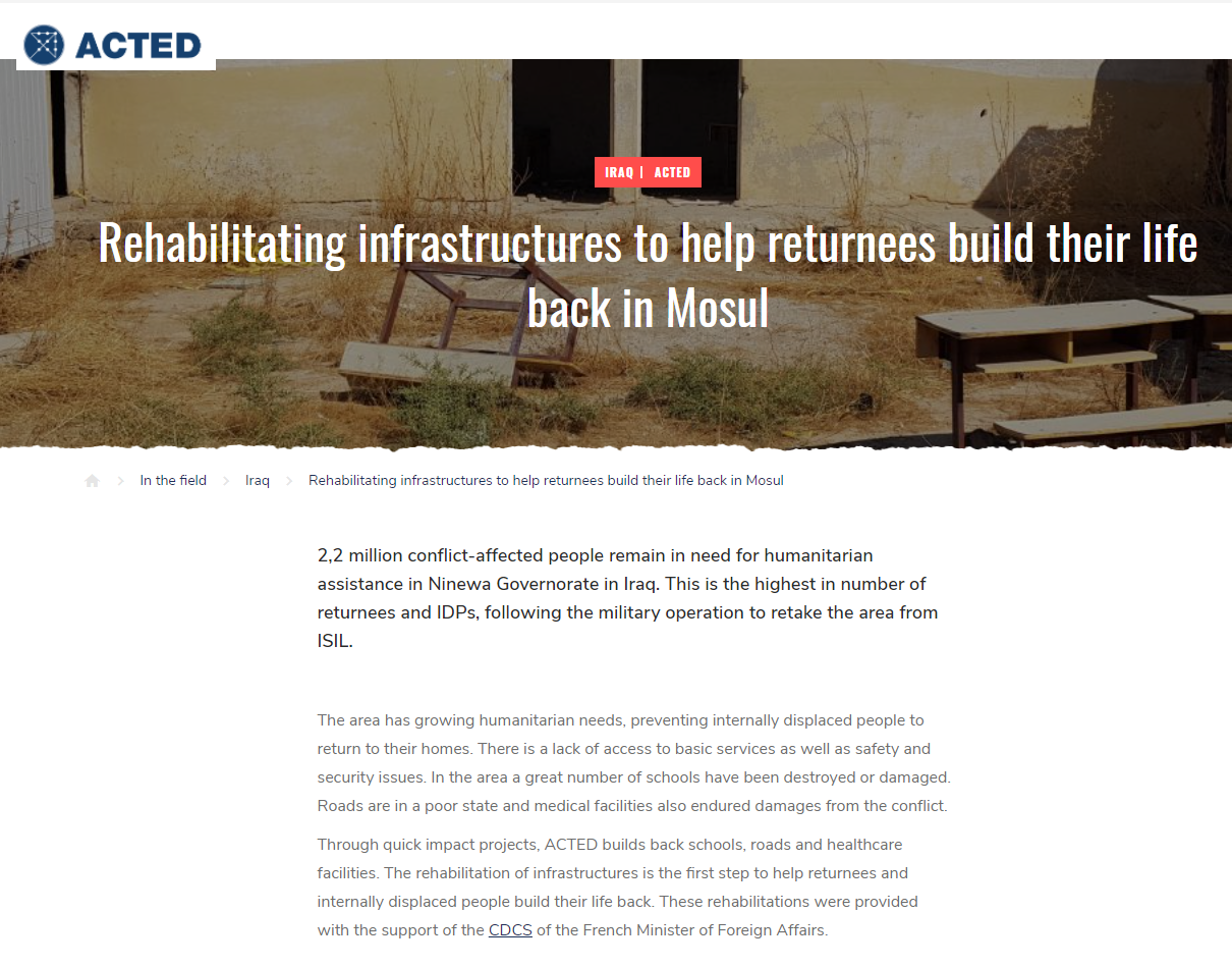 أكتيد الفرنسية: 2.2 مليون شخص متضرر في نينوى مازالوا بحاجة لمساعدة إنسانية