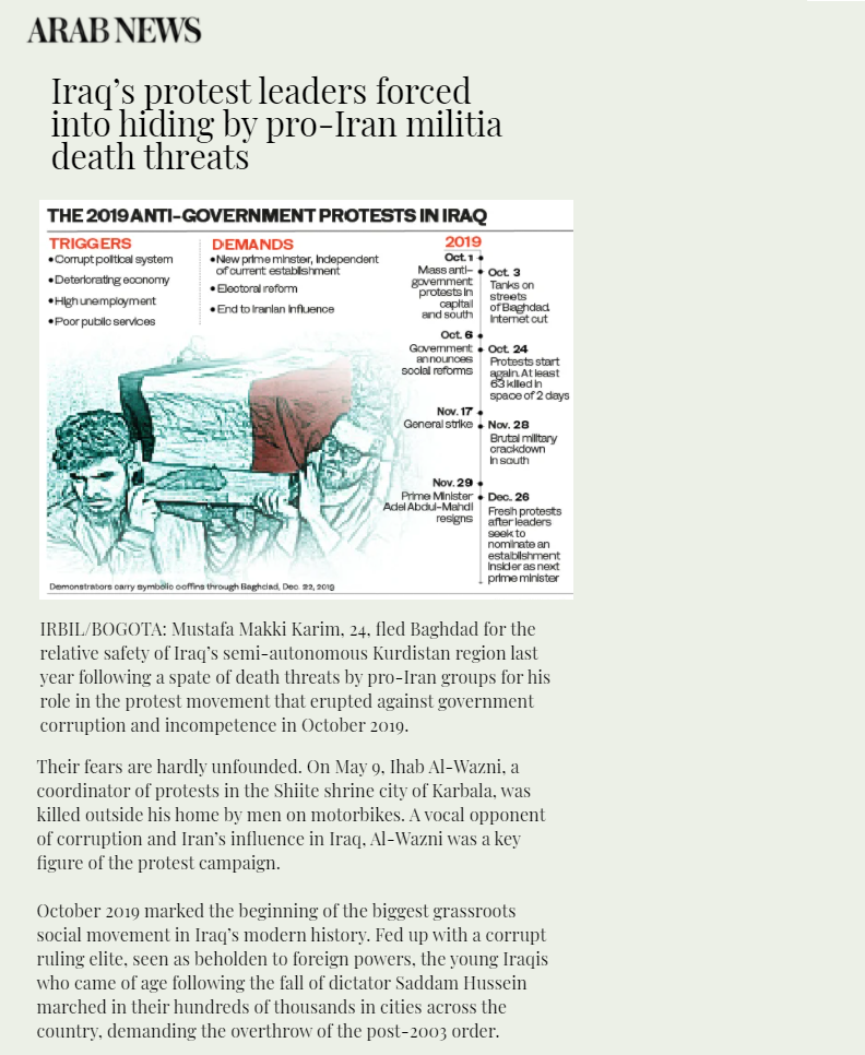 عرب نيوز: قادة الاحتجاجات في العراق يجبرون على ترك منازلهم بسبب الميليشيات