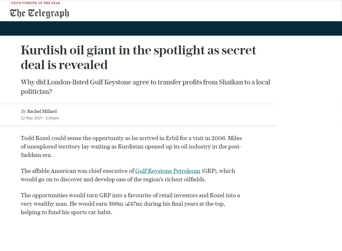 ديلي تلغراف تكشف عن صفقة سرية بين شركة “غلف كيستون” النفطية وقيادي في حزب بارزاني
