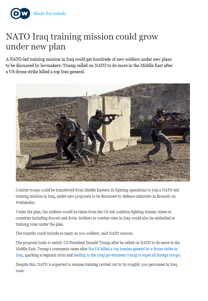 دويتش فيلا: التعاون بين العراق وحلف الناتو قد يتجاوز مفهوم مكافحة الإرهاب إلى نشاط أوسع