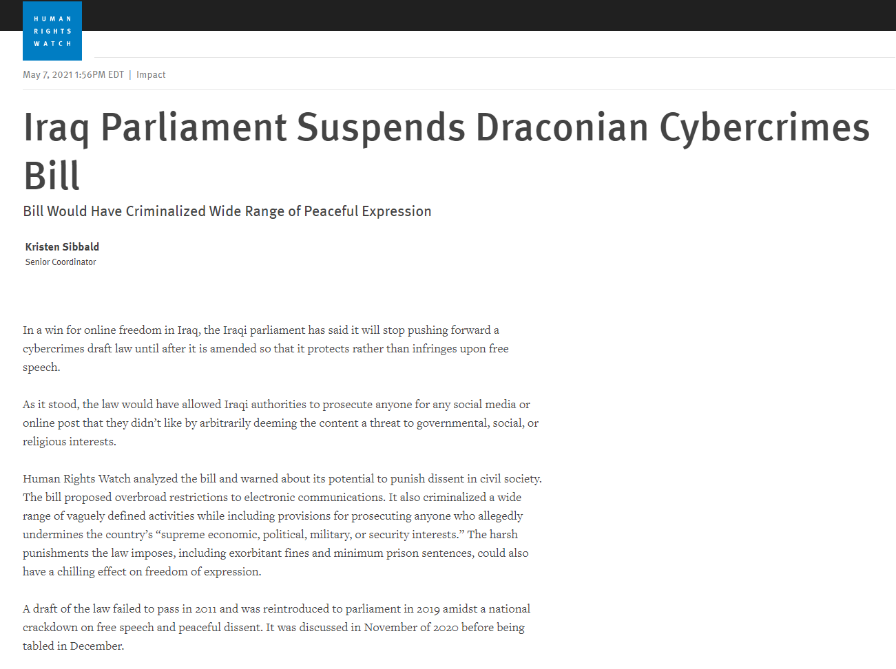 هيومان رايتس ووتش: وقف قانون الجرائم المعلوماتية بالبرلمان العراقي انتصار لحرية التعبير