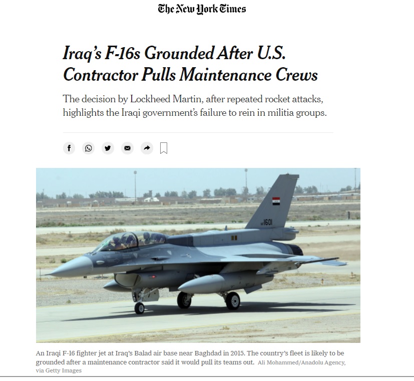 نيويورك تايمز: شركة لوكهيد مارتن الأميركية تقرر سحب فرق الصيانة الخاصة بطائرات أف-16 من قاعدة بلد