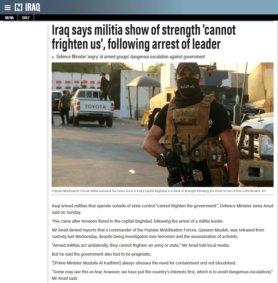 ذا ناشونال: هجوم وزير الدفاع العراقي على الميليشيات محاولة لتجميل صورة الحكومة بعد الاستعراض على أبواب الخضراء