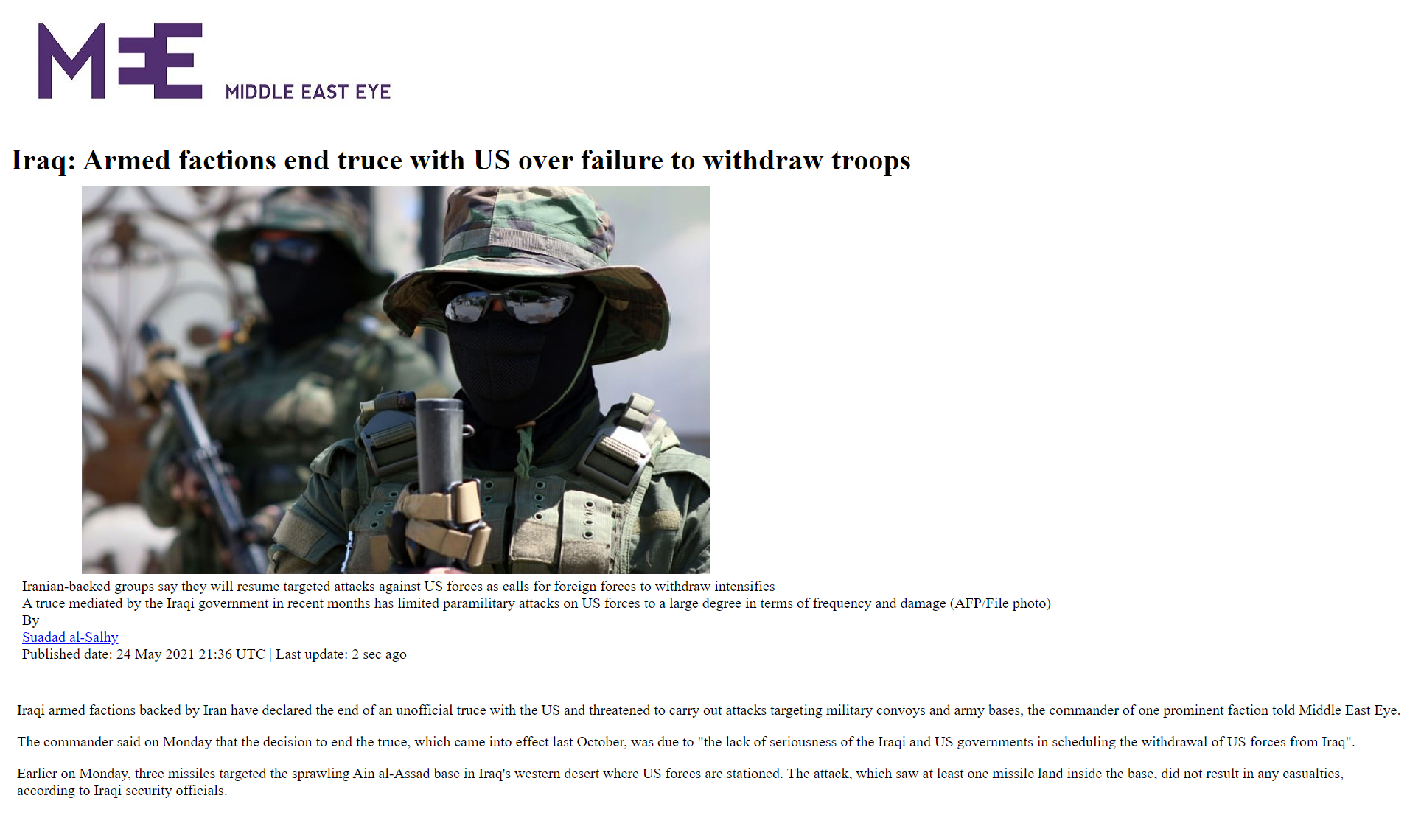 ميدل إيست آي: استهداف قاعدة عين الأسد إعلان عن انتهاء الهدنة واستئناف العمليات ضد القوات الأميركية