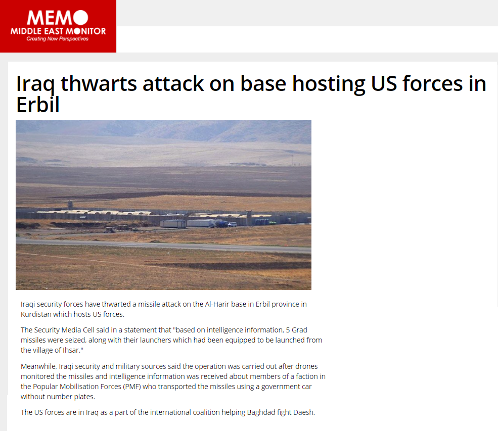 ميدل إيست مونيتور: قاعدة مطار أربيل كانت مهددة بـ 5 صواريخ قبل ضبطها في كركوك