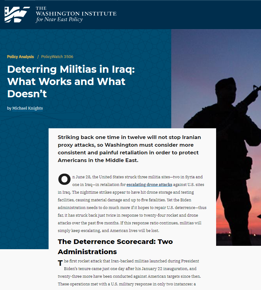 معهد واشنطن: إدارة بايدن تقترب من قرار بزيادة الهجمات على مواقع الميليشيات في العراق