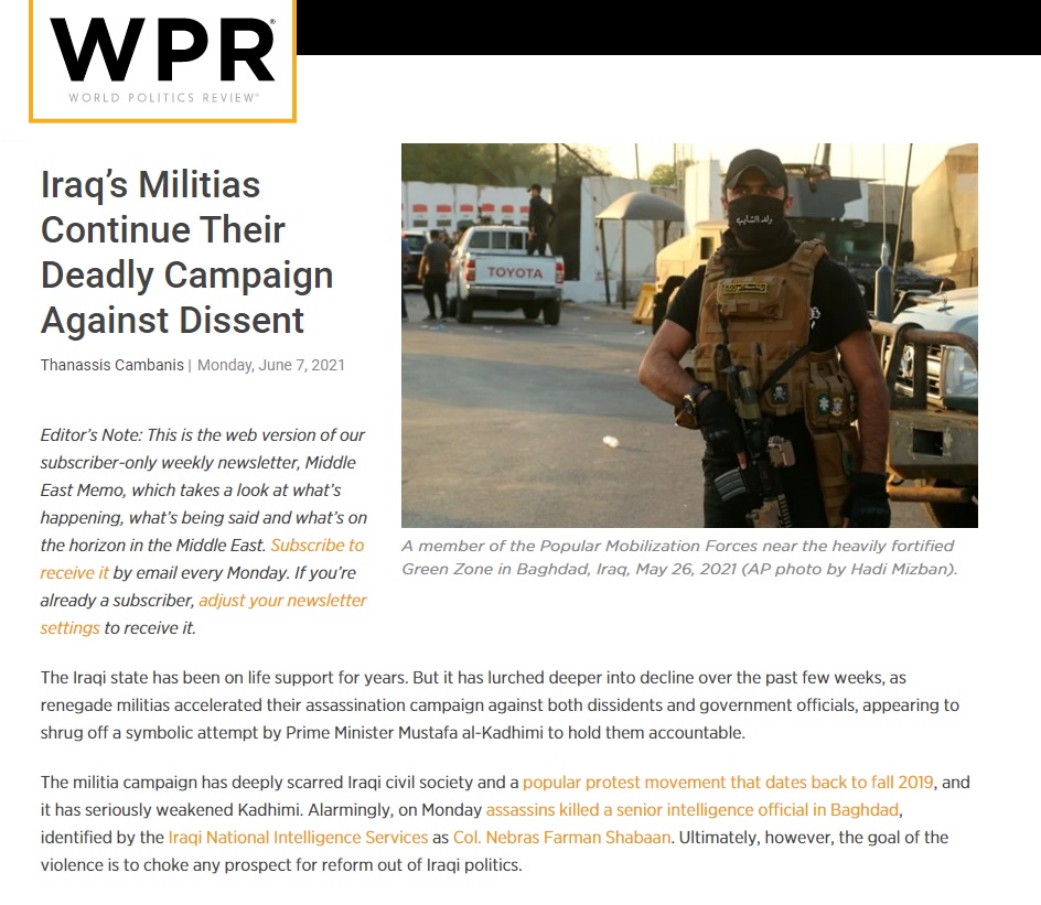 وورلد بولتيكس ريفيو: الدولة العراقية تندفع بشكل أعمق إلى فوضى الميليشيات