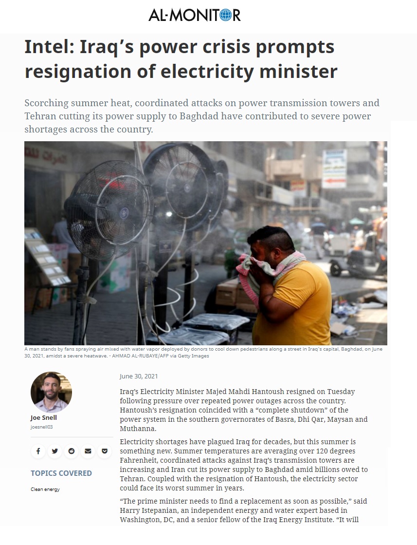 المونيتور: استقالة وزير الكهرباء آخر مظاهر استفحال أزمة الطاقة في العراق