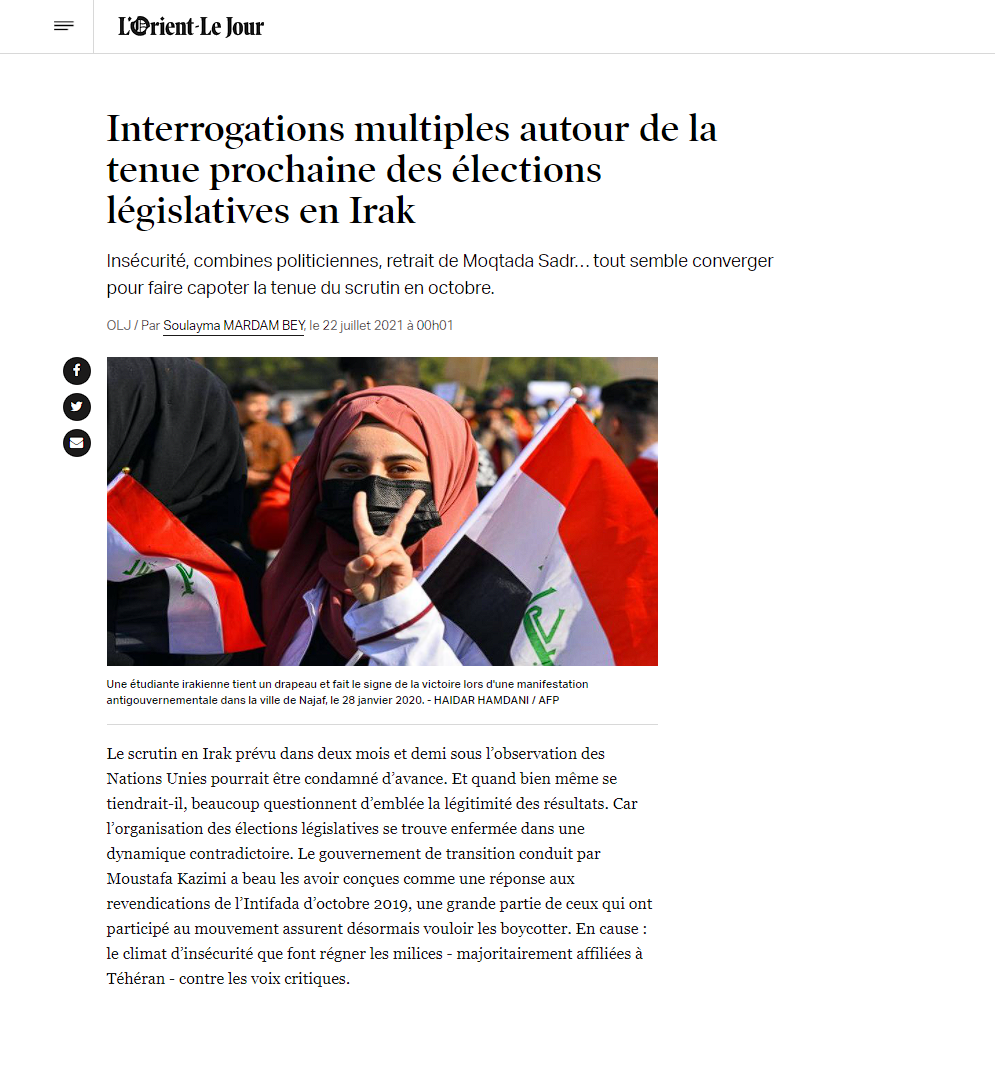 لو أورينت الفرنسية: الانتخابات العراقية محكوم عليها بالفشل  في ظل انعدام الأمن واستهداف المعارضة