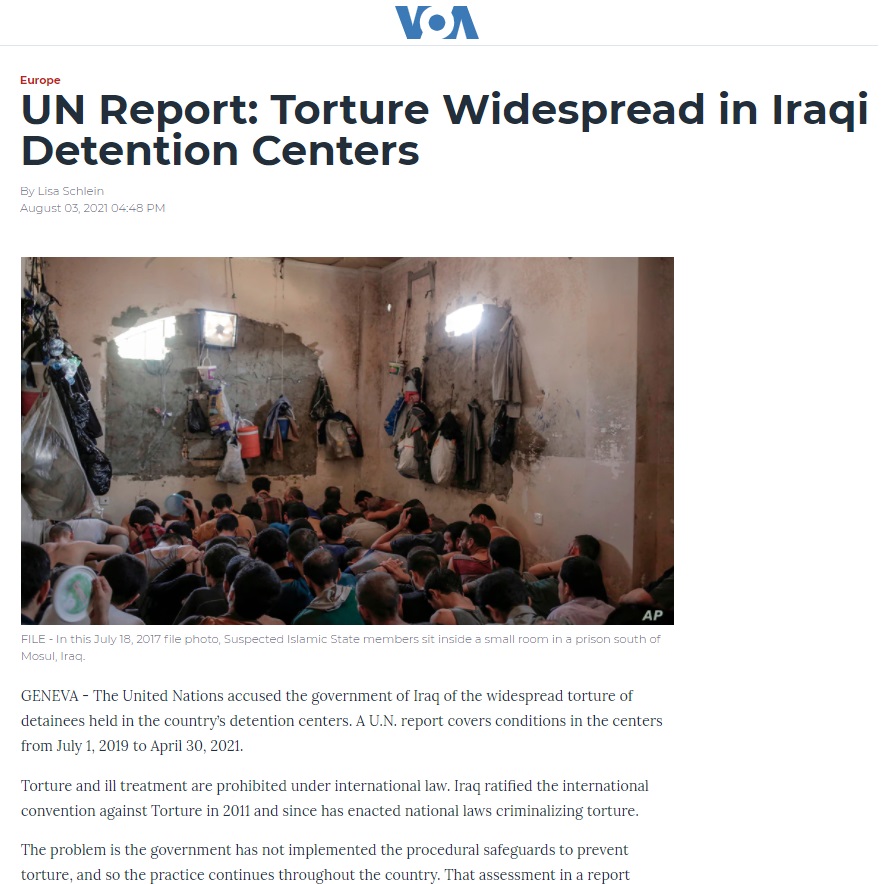 فويس أوف أميركا: تقرير أممي يتهم الحكومة العراقية بمخالفة اتفاقية مناهضة التعذيب