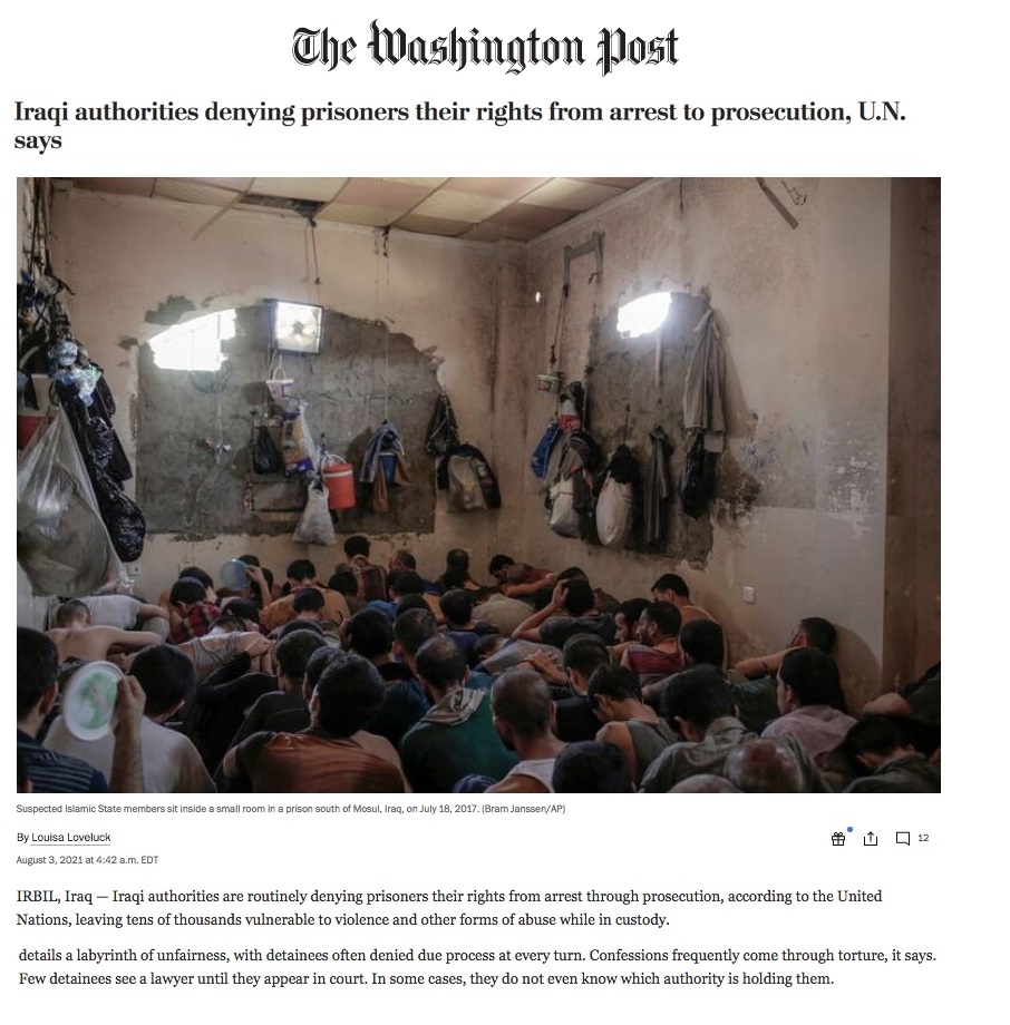 واشنطن بوست:  التقرير الأممي عن استمرار التعذيب في السجون العراقية يؤكد عدم احترام الإجراءات القانونية