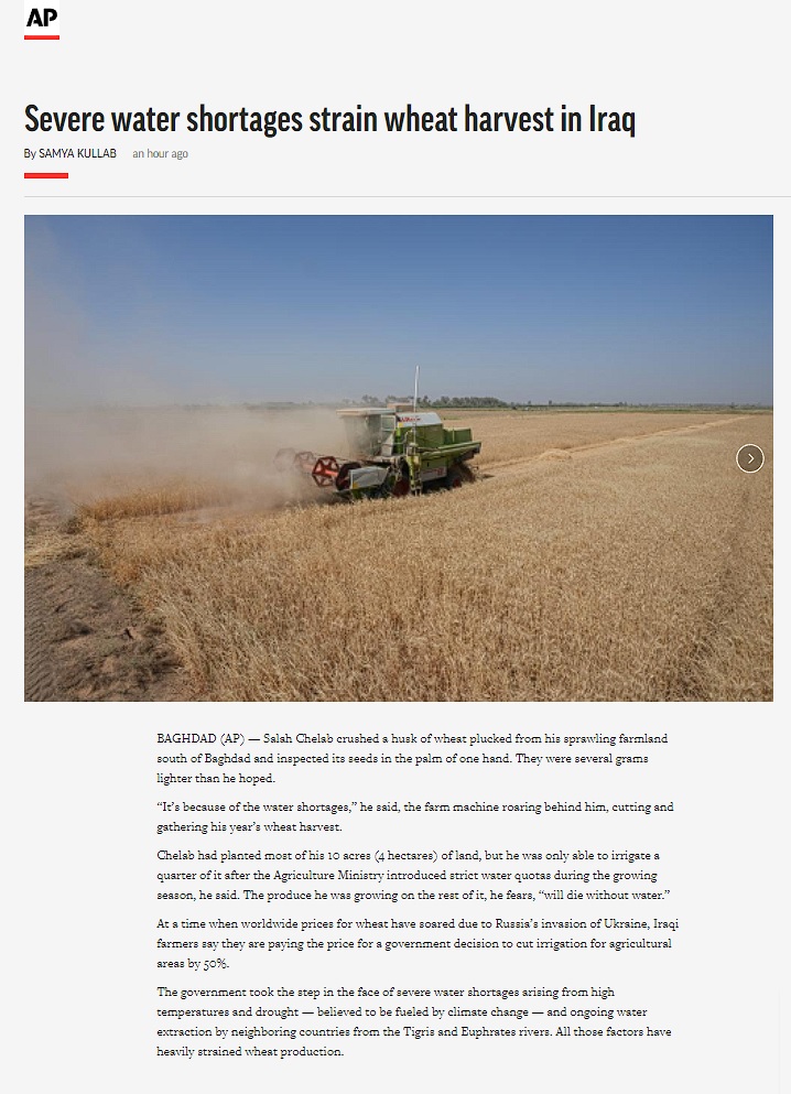 أسوشيتدبرس: نقص المياه سبب رئيسي في تدهور زراعة القمح بالعراق