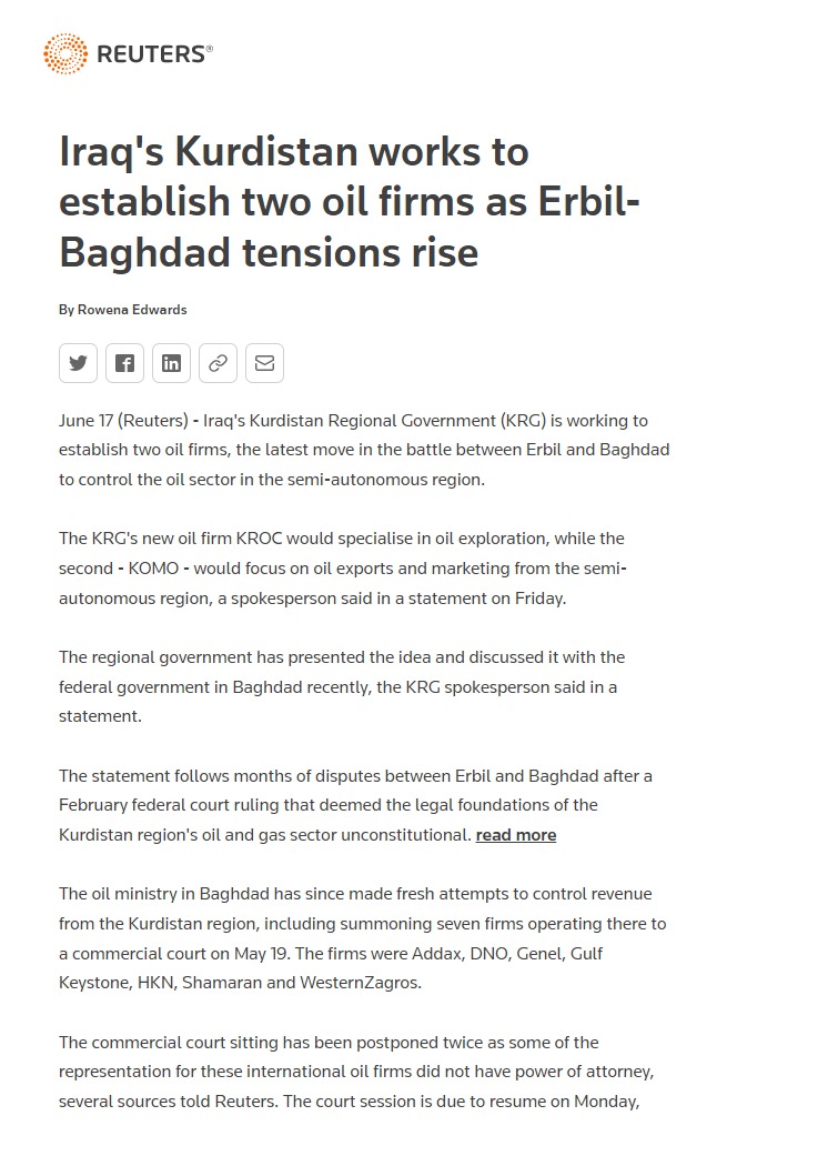 رويترز: إقليم كردستان يؤسس شركتين للنفط رغم الخلافات مع بغداد