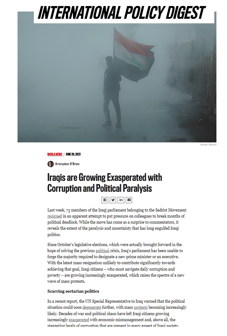 إنترناشونال بوليسي ديجست: العراقيون يزدادون سخطا من الفساد والشلل السياسي