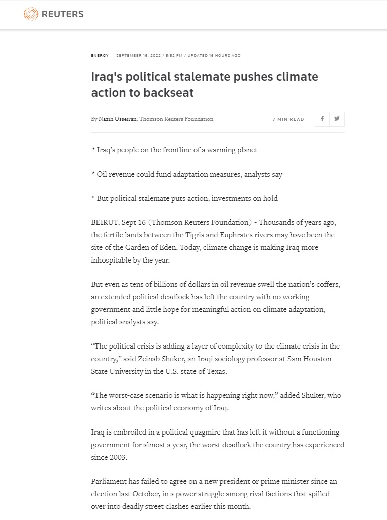 رويترز: الجمود السياسي في العراق يدفع العمل المناخي إلى الخلف