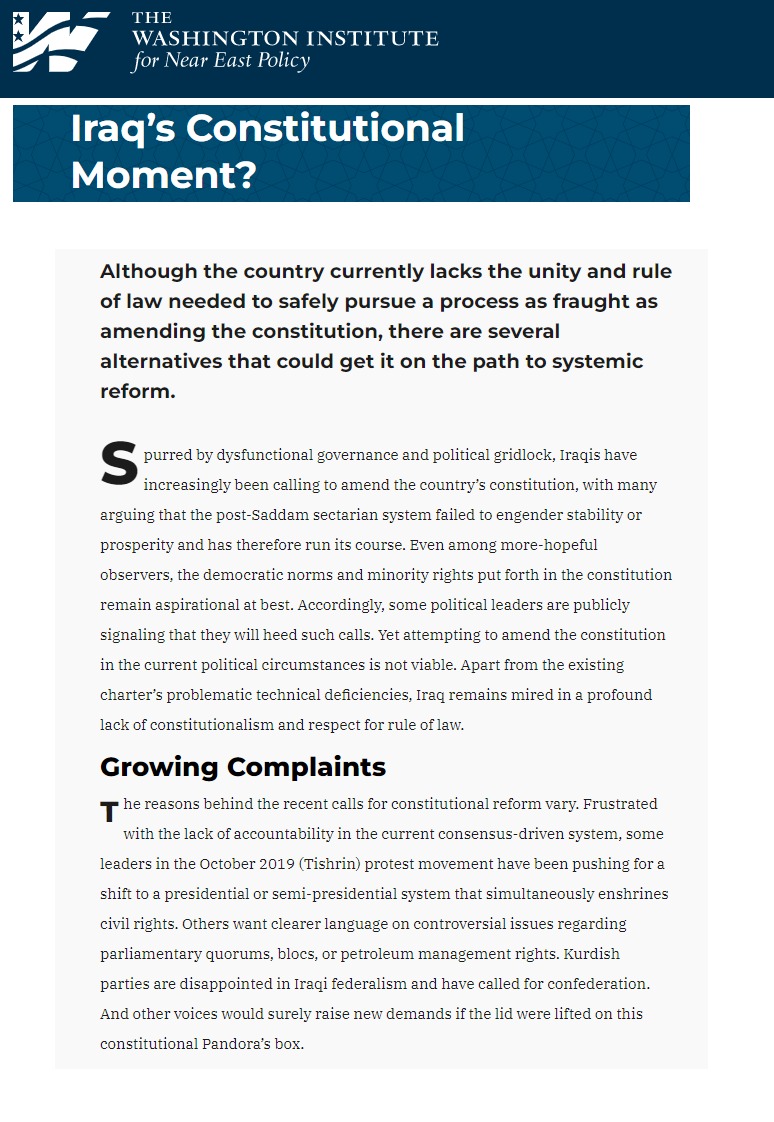معهد واشنطن: هل حانت لحظة الإصلاح الدستوري في العراق؟