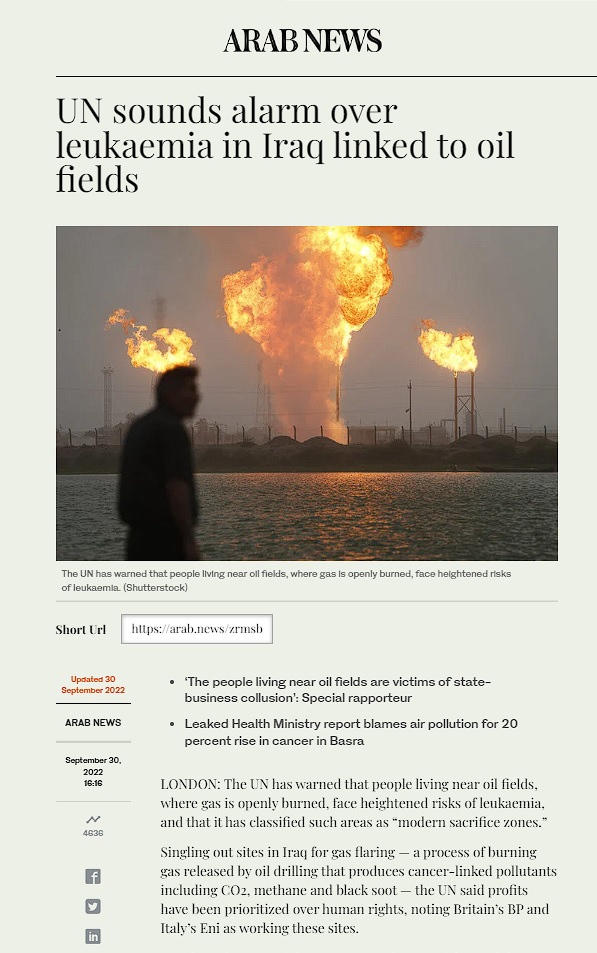 عرب نيوز: تقرير أممي يحذر .. انتشار السرطان بالعراق مرتبط بحرق الغاز
