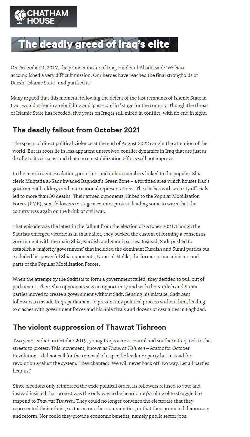 تشاتام هاوس: الجشع المميت للنخبة العراقية