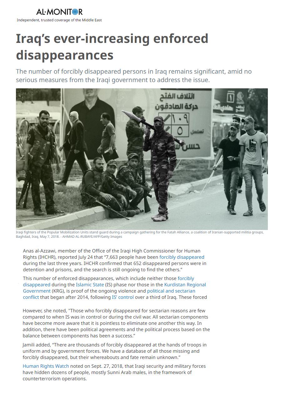 المونيتور: إنذار أممي للعراق من زيادة ظاهرة الاختفاء القسري