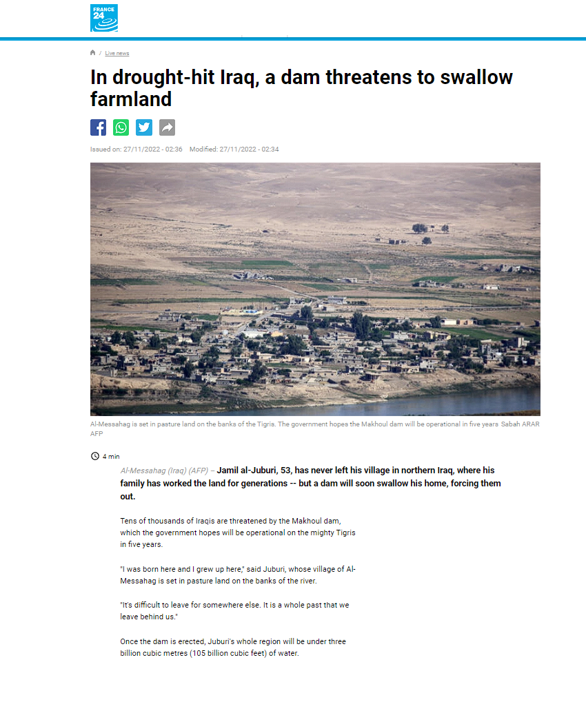 فرانس برس: سد مكحول في العراق.. مخاوف من دمار بيئي وحضاري!