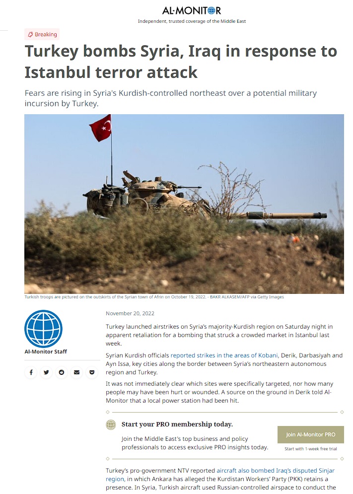 المونيتور: بعملية “المخلب السيف”.. تركيا تهاجم أكراد سوريا والعراق