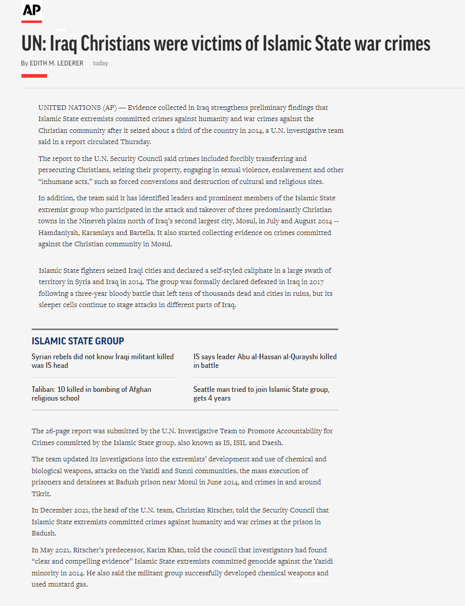 أسوشيتد برس: داعش ارتكب جرائم حرب ضد المجتمع المسيحي العراقي