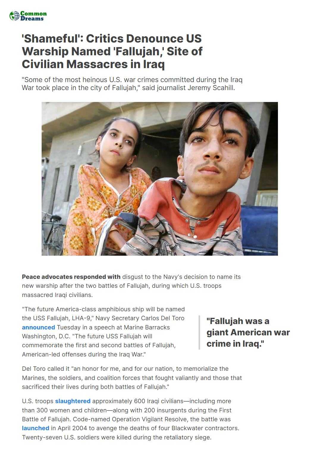 كومن دريمز الأميركية: إطلاق البحرية الأميركية اسم الفلوجة على أحدث سفنها مشين