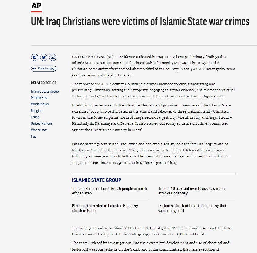 أسوشيتدبرس: داعش ارتكب جرائم حرب ضد المجتمع المسيحي العراقي