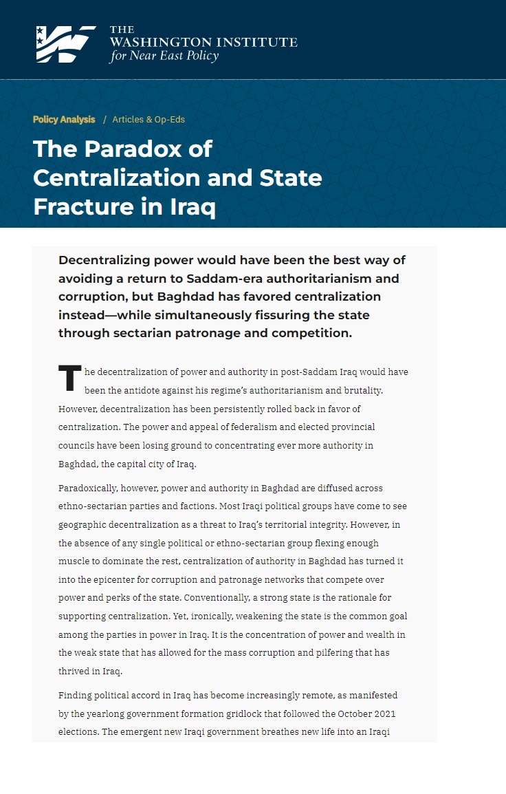 معهد واشنطن: مفارقة المركزية وانقسام الدولة في العراق