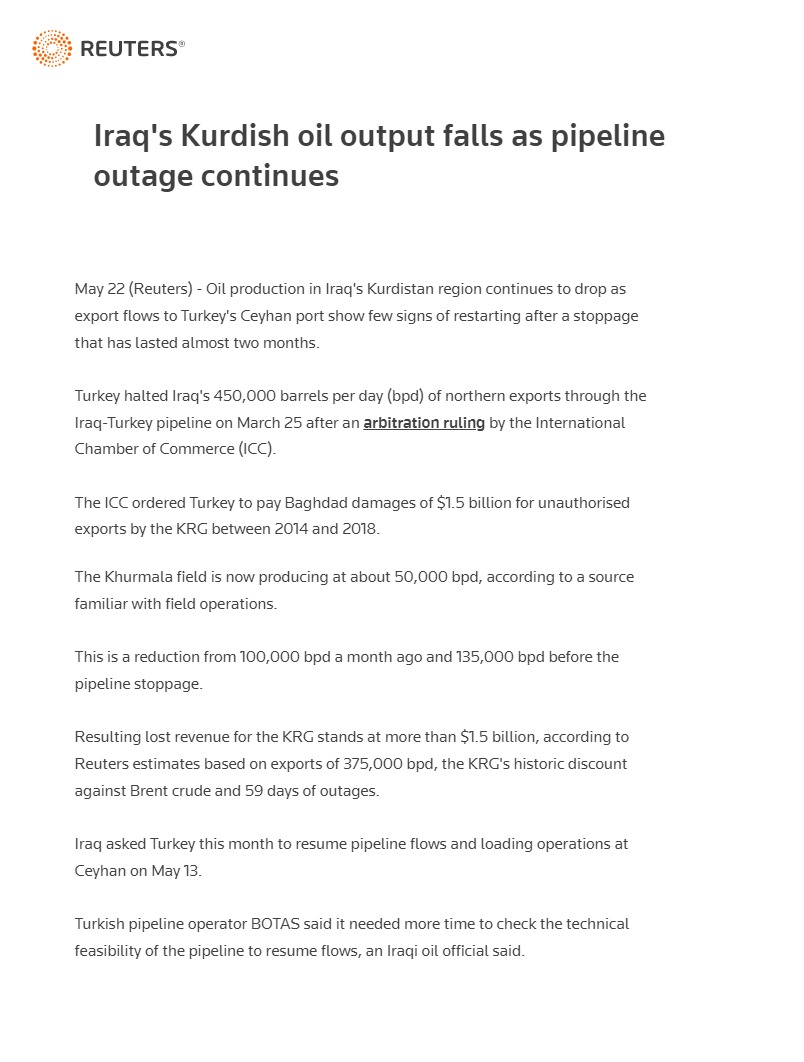 رويترز: تراجع إنتاج النفط من كردستان العراق مع استمرار التجاهل التركي