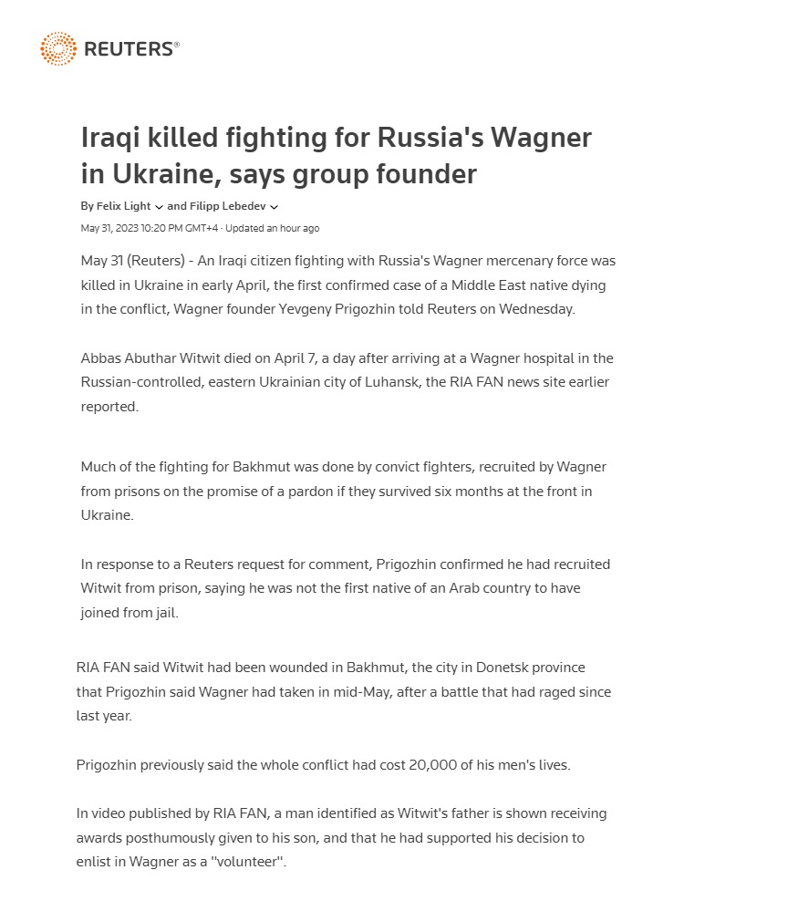 رويترز: مقتل عراقي في صفوف فاغنر بباخموت