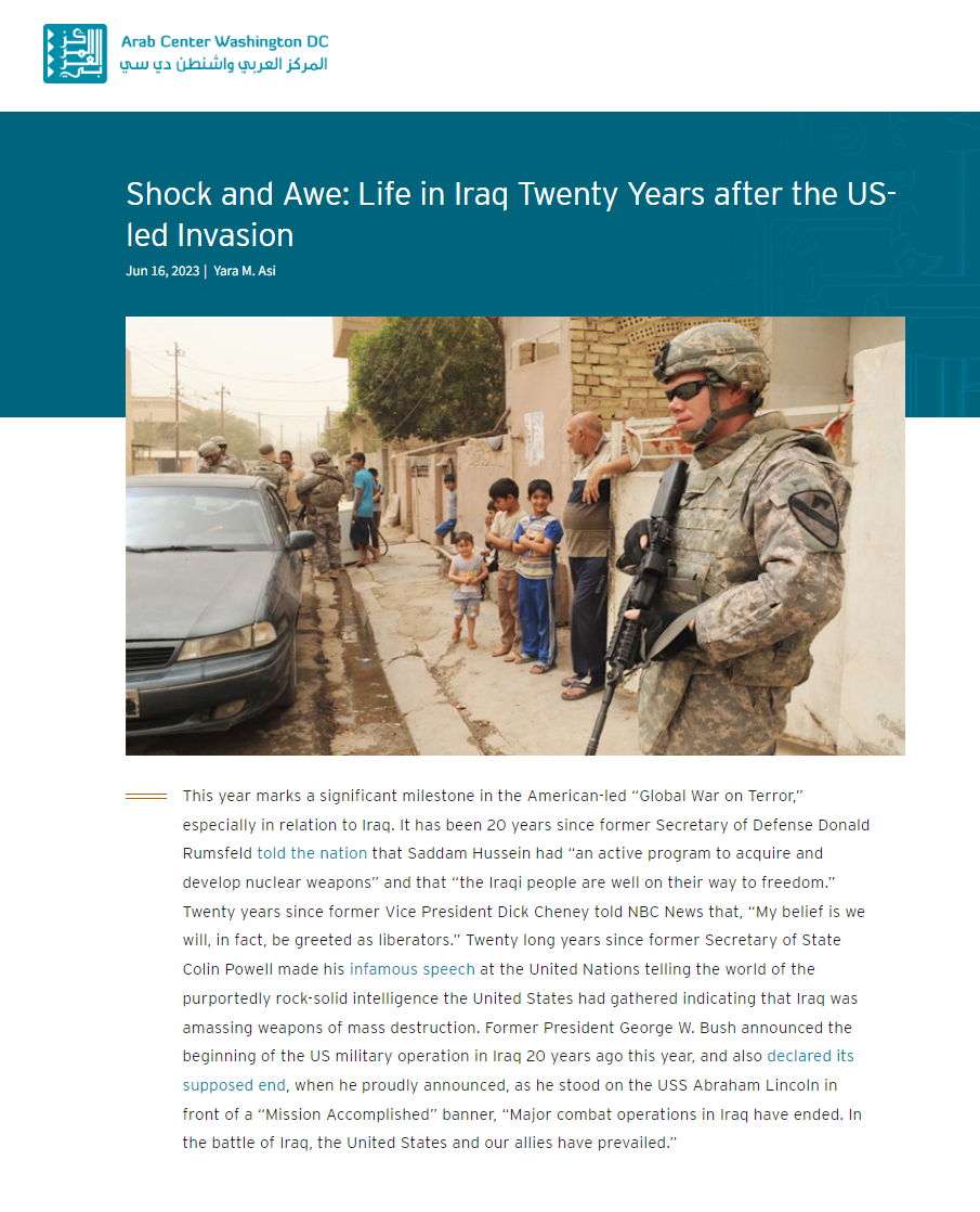 المركز العربي في واشنطن: الصدمة والرعب .. الحياة في العراق بعد عشرين عامًا من الغزو