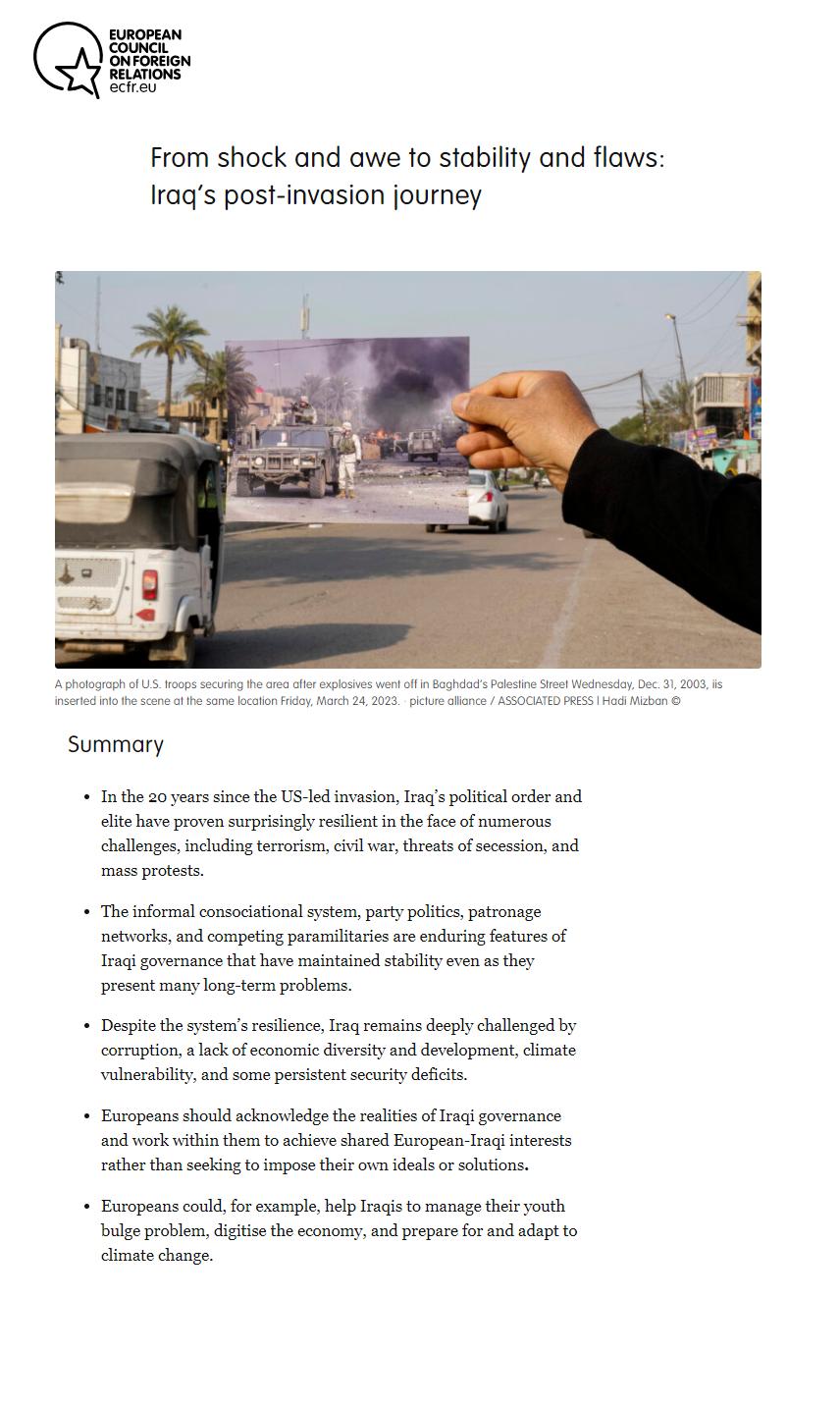 المجلس الأوروبي للعلاقات الخارجية: رحلة العراق ما بعد الغزو مليئة بالعيوب