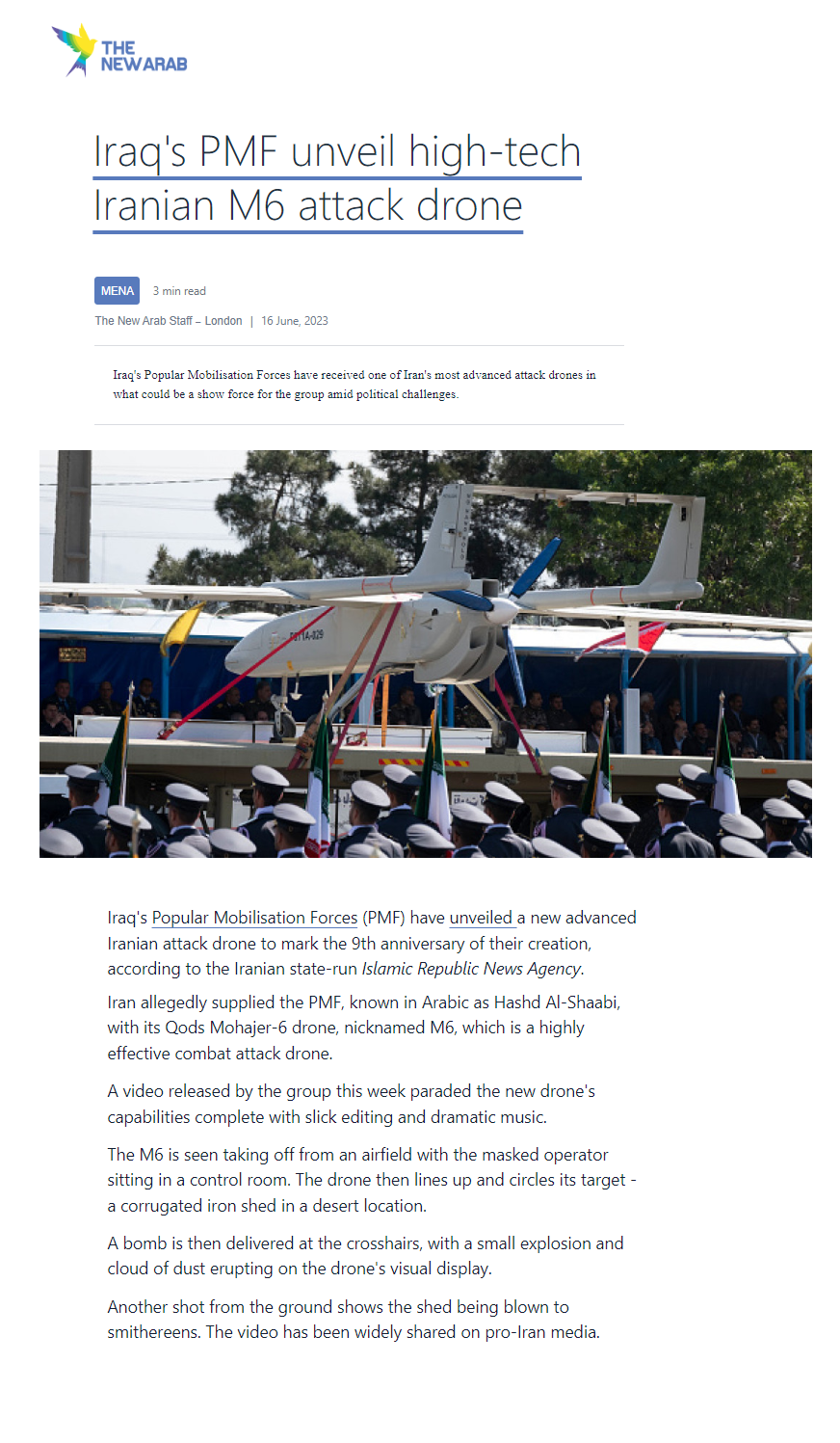 ذا نيو آراب: الحشد الشعبي أصبح يمتلك طائرات مسيرة هجومية إيرانية