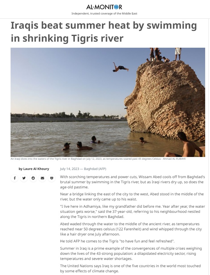 المونيتور: العراقيون يتغلبون على حرارة الصيف بالسباحة في نهر دجلة المتقلص