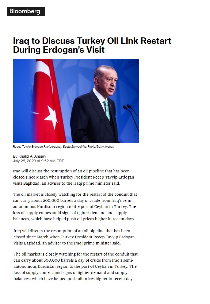 بلومبرغ: أردوغان يزور بغداد واستئناف تصدير النفط في الصدارة